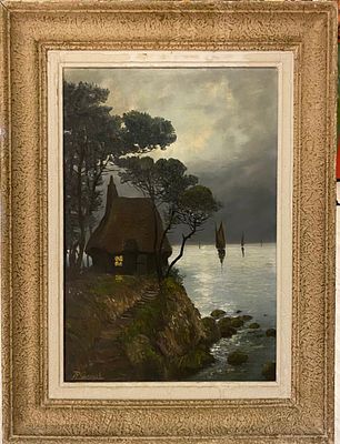 Французская школа середины XX в. - Дом у реки. холст, масло. Подпись: R. Cambert