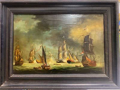 Голландская школа XIX в. - Морской бой в стиле XVIII в.. [большой формат], холст, масло