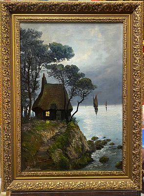 Французская школа середины XX в. - Дом у реки. холст, масло. Подпись: R. Cambert