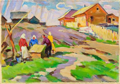 Семячкин Павел Семенович (р.1923). Деревня строится. 1950-е - 1960-е. Картон, масло 35 х 50 см. 