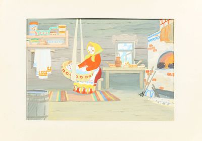 Винокуров Александр Васильевич (1922-2002). В избе. Третья четверть ХХ века. Бумага, гуашь. 26 