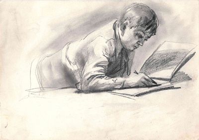 Вишняков Олег Николаевич (1935-2012). Мальчик за книгой. 1960-е - 1970-е. Бумага, карандаш. 19 