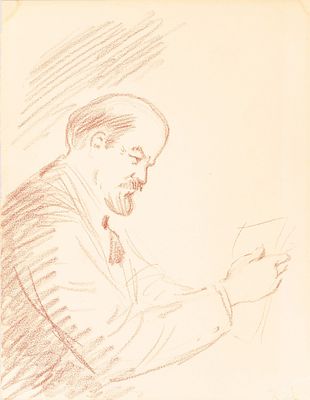 Коган Евгений Исаакович (1906–1983). Ленин за чтением. 1970. Бумага, коричневый карандаш (?). 