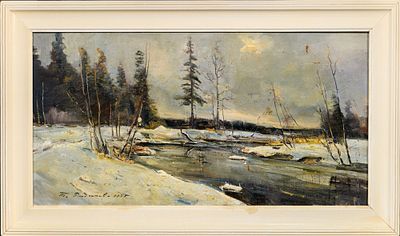 Радимова Татьяна Павловна (1916-2000). Зимний пейзаж. 1975. Холст, масло. 34 х 64 см. Слева 