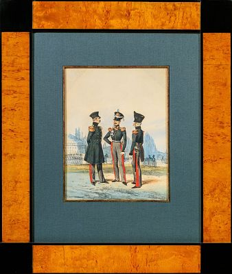 Неизвестный художник. Россия. Три императорских гвардейца. 1860-е. Бумага, литография, акварель 