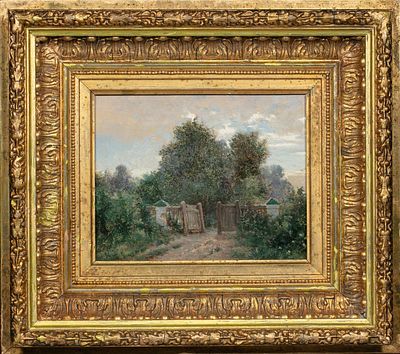 Пузыревский Павел Ильич (1860-1922). Ворота усадьбы. 1889. Картон, масло. 18 х 22,6 см. Справа 