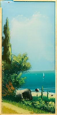 Неизвестный художник. Россия. Морское побережье. Начало ХХ века. Стекло, масло. 19,5 х 9,5 см. 