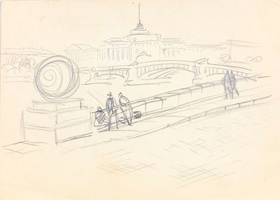 Неизвестный художник. Россия. Набережная в Ленинграде. Вторая треть ХХ века. Бумага, карандаш. 