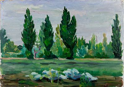 Зеленская Ирина Александровна (?). Зеленый пейзаж. 1950-е. Картон, масло. 25 х 35 см. 