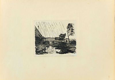 Ушин Андрей Алексеевич (1927-2005). Дождь. Деревенский пейзаж. 1956. Бумага, линогравюра. 9,5 х 