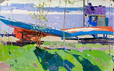 Запруднов Борис Семенович (1935–2007). Лодки у берега. 1960-е. Картон, масло. 44,4 х 69,7 см. 