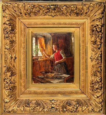 Неизвестный художник. Западная Европа. Девушка у окна. 1893. Дерево, масло. 17 х 13 см. Справа 