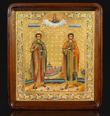Икона "Мученик Трифон и великомученик Пантелеймон". Конец XIX – начало ХХ века. Мстёра. Дерево 