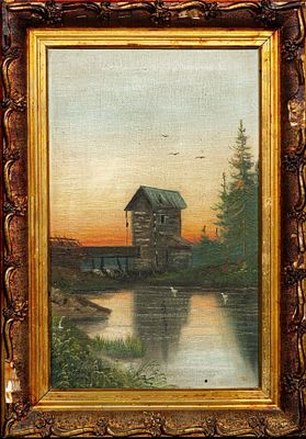Неизвестный художник. Россия. Пейзаж с мельницей. Конец XIX века. Холст, масло. 36 х 22,5 см. 