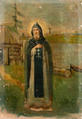 Неизвестный художник. Россия. Отшельник у кельи. Конец XIX - начало ХХ века. Холст на фанере 