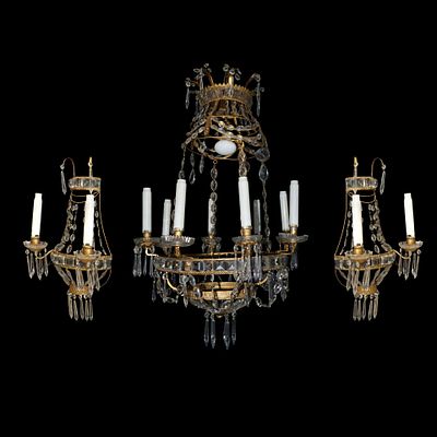 Lampadario con coppia di appliques con struttura in metallo dorata e brindoli, late 19th century - 