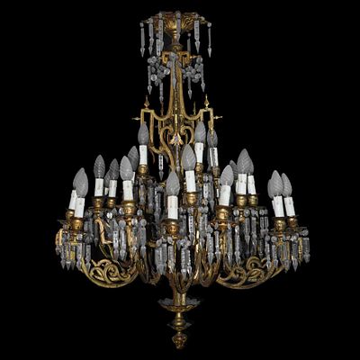 Lampadario da salone in ottone dorato e brindoli in vetro - Lampadario da salone in ottone dorato 