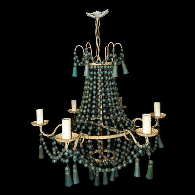 Lampadario a 6 luci struttura in metallo dorato e brindoli a palla in legno verdi - Lampadario a 6 