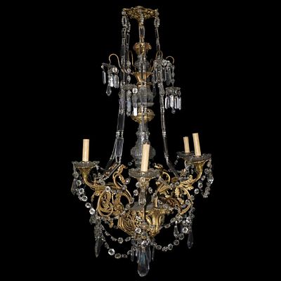 Lampadario a 6 luci con fusto in ottone dorato e vetro con brindoli e piattini in vetro - Lampadari 