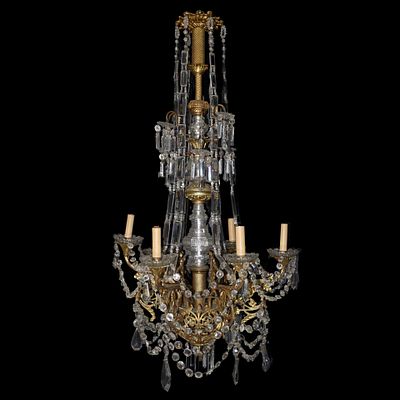 Lampadario con fusto in ottone e vetro con brindoli e piattini in vetro - Lampadario con fusto in 