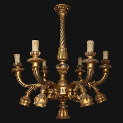 Lampadario in legno dorato - Lampadario in legno dorato h cm 90X80