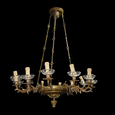 Lampadario a 12 luci in metallo dorato e piattini in vetro , Late 19th century - Lampadario a 12 