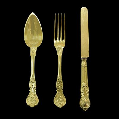 French Christofle - Antico servizio di posate da 12, placcato in oro, Early 1900s Composto da 