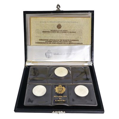 Trittico di monete d'argento a corso legale commemorative del bimillenario della morte di Virgilio, 1981