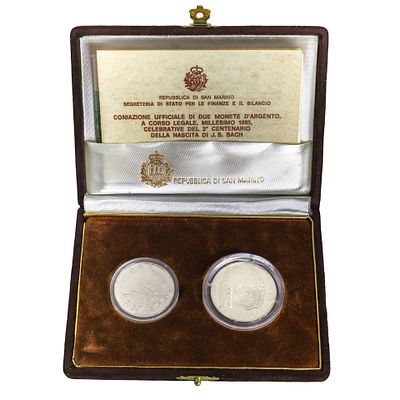 Dittico di monete d'argento a corso legale celebrative del III centenario della nascita di Johann Sebastian Bach, 1984