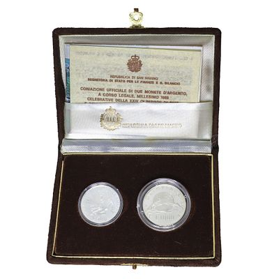 Dittico di monete d'argento a corso legale celebrative della XV Olimpiade invernale di Calgary e della XXIV Olimpiade di Seul, 1988