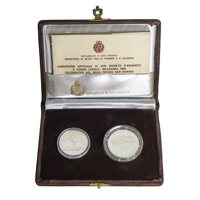 Dittico di monete d'argento a corso legale celebrative del Gran Premio San Marino di Formula Uno, 1989