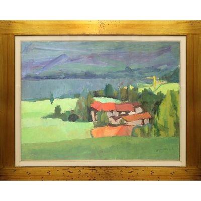 Paesaggio con casa, - Paesaggio con casa, h cm 60X80 in cornice h cm 81X101 olio su tela