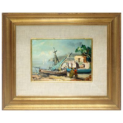 Barca a riva - Barca a riva h cm 15x19,5 in cornice h cm 30,5x35 olio su masonite