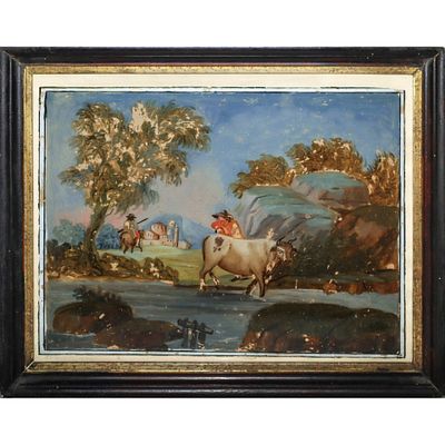 Paesaggio con persone e animali, pittura ad olio su vetro., 19&deg; secolo Cm 35 x 45, H 38,5 x 