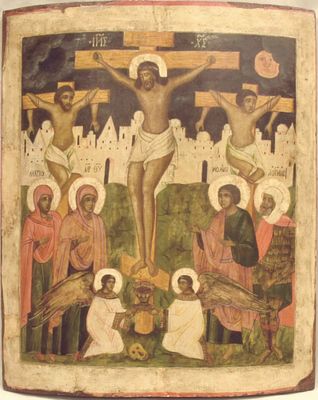 [Large]. Russian icon "Crucifixion with selected saints". - Russia, 17-18th century. - 100,5x82 cm.