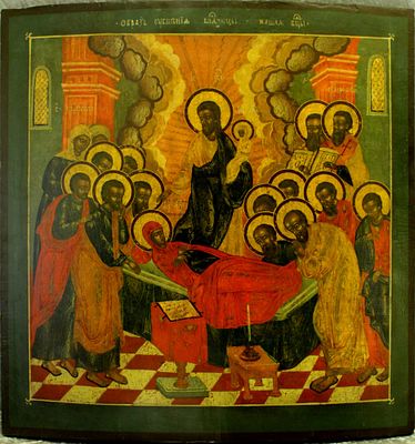 [Large]. Russian icon "Dormition of the Mother of God". - Russia, 18th century. - 53x51 cm. Des 