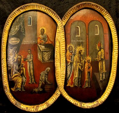 [Large]. Russian icon "Nativity of Mary. Presentation of the Mother of God to the Temple". - 