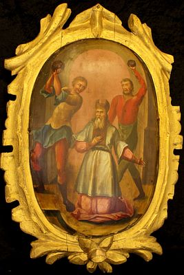 [Large]. Russian icon "The stoning of the Holy Martyr Neophyte, Bishop of Urbnisi". - Russia 