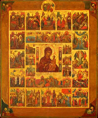 [Large]. Russian icon "Our Lady of Tikhvin" with Great Feasts and Miracles. - Russia, 18-19th 