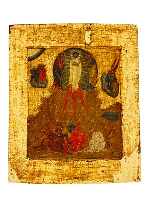 Russian icon "Transfiguration of Christ standing in radiant mandorla with apostles below and 
