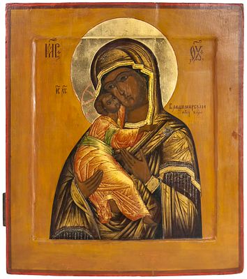 Russian icon "Our Lady of Vladimir". - Russia, 19th cent. - 35,7x31,4 cm. Description: Wood 