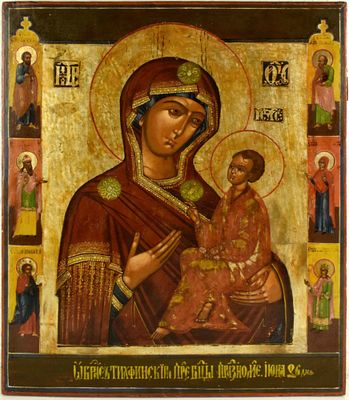 [Large]. Russian icon "Our Lady of Tikhvin" with selected saints. - Russia, 19th century. - 54 