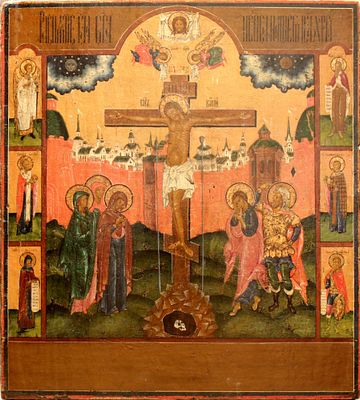 Russian icon "Crucifixion" with selected saints. - Russia, 19th century. - 41x36,5 cm. Descript 