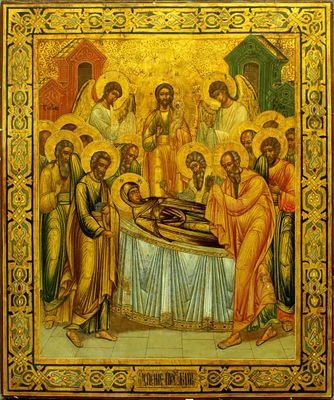 Russian icon "Dormition of the Mother of God". - Russia, 19th century. - 43x37 cm. Description: 