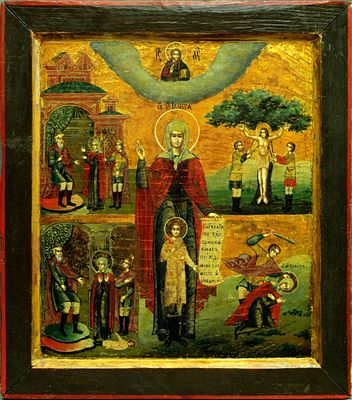 Russian icon double-sided "Saints Martyrs Cyricus and Julitta. Our Lady of Tikhvin". - Russia 