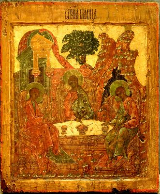 Russian icon "Old Testament Trinity". - Russia, 17th century. - 26,5x22 cm. Description: Temper 