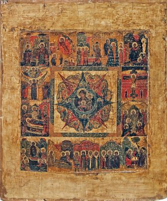 [Large]. Russian icon "Our Lady of The Sign" with Great Feasts and selected saints. - Russia 