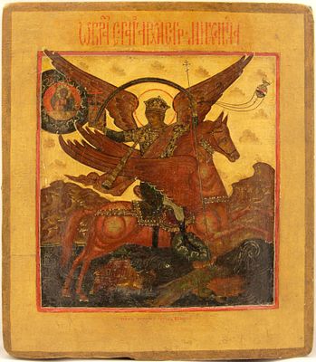 Russian icon "Archangel Michael as horseman of the Apocalypse". - Russia, 17-18th century. - 
