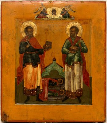 Russian icon "Saints Cosmas and Damian". - Russia, 18th century. - 31x27 cm. Description: Tempe 