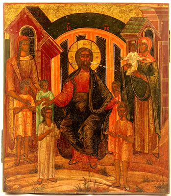[Large]. Russian icon "Christ blesses children". - Russia, 18-19th century. - 35,5x31 cm. Descr 